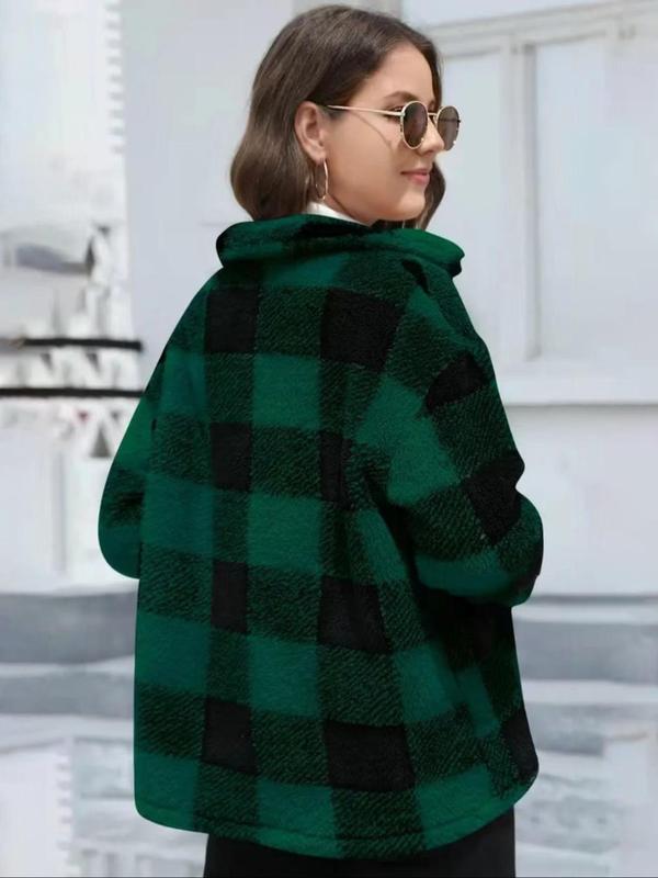 Women's Plaid Print Button Front Fuzzy Coat, Casual Long Sleeve Pocket Collared Outerwear for Fall & Winter, Ladies Clothes for Daily Wear