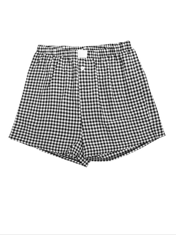 Women's Plaid Print Fake Buttons Shorts, Casual Comfy Patched Wide Leg Shorts for Daily Wear, Shorts for Women, Ladies Bottoms for All Seasons