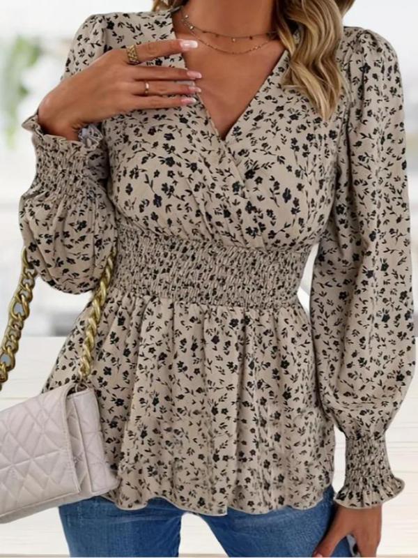 Women's Ditsy Floral Print Shirred Wrap Blouse, Elegant Flounce Sleeve V Neck Top for Spring & Fall, Women's Clothing for Daily Wear, Going Out Tops, Tops for Women, Fall Clothing Women