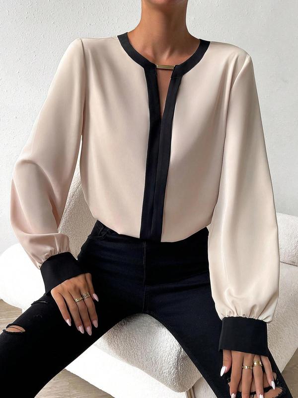 Women's Contrast Binding Cut Out Satin Blouse, Elegant Long Sleeve Keyhole Neck Top for Fall, Ladies Clothes for Work Office Business