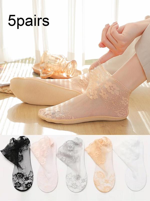 Women's Floral Lace Scallop Ankle Socks, Soft Breathable Comfortable Socks, Ladies Sheer Socks for Summer