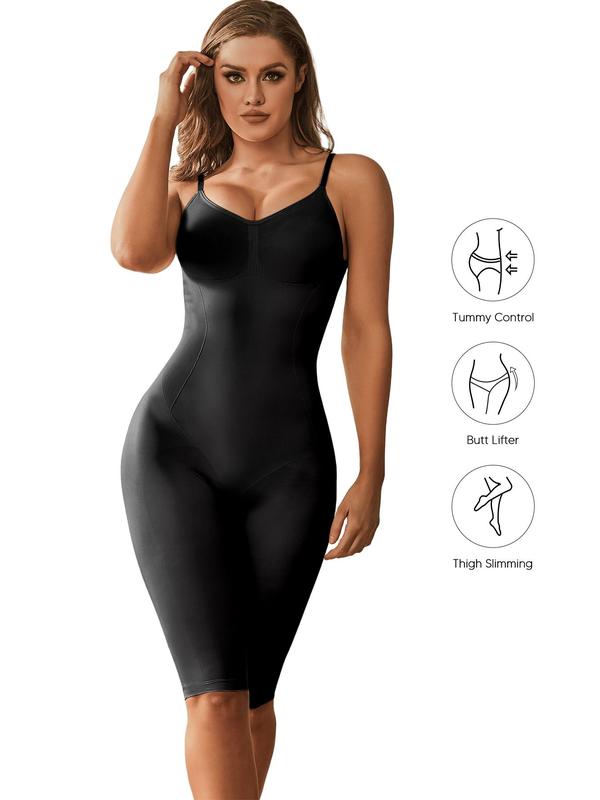 Women's Solid Backless Adjustable Strap Knee Length Shapewear Romper, Tummy Control Butt Lifting Seamless Shapewear Bodysuit, Ladies Shaper for All Seasons