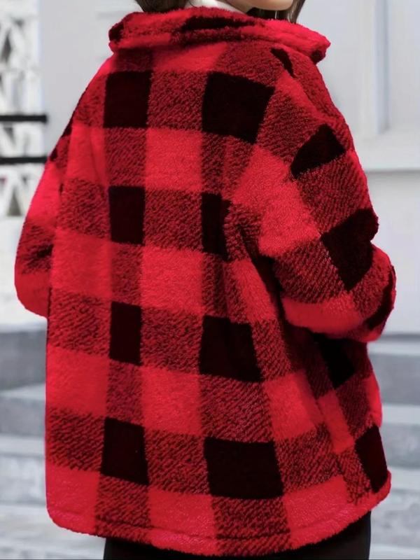 Women's Plaid Print Button Front Fuzzy Coat, Casual Long Sleeve Pocket Collared Outerwear for Fall & Winter, Ladies Clothes for Daily Wear