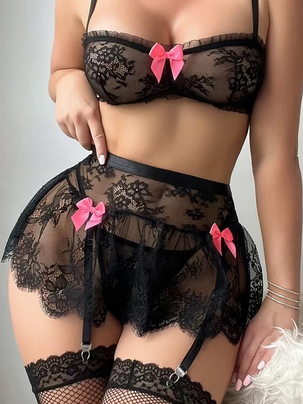 Women's Lace Sheer Bowknot Bralettes and Thong with Ruffle Skirt Stockings Lingerie Set