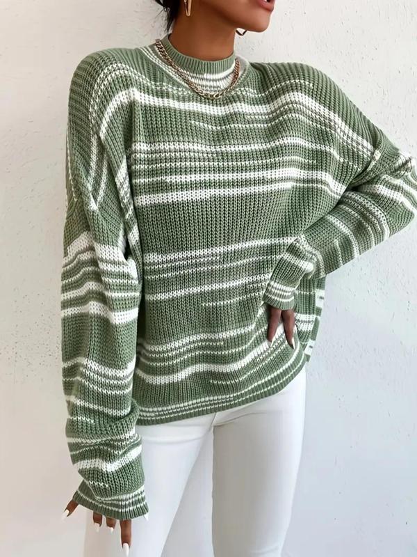 Women's Striped Print Mock Neck Sweater, Casual Fashion Drop Shoulder Long Sleeve Jumper for Fall & Winter, Ladies Knitwear for Daily Wear