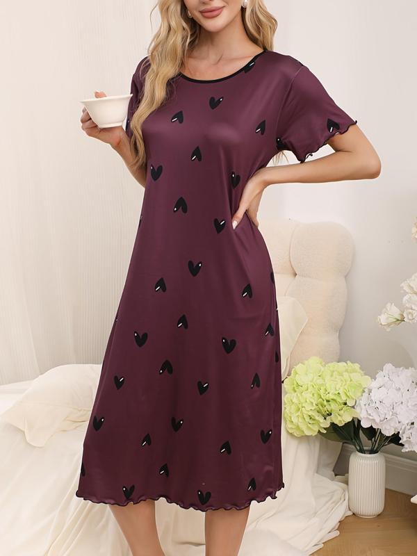 Women's Heart Print Lettuce Trim Criss Cross Nightdress, Casual Soft Comfortable Round Neck Short Sleeve Nightgown for Daily Wear, Ladies Sleepwear for All Seasons