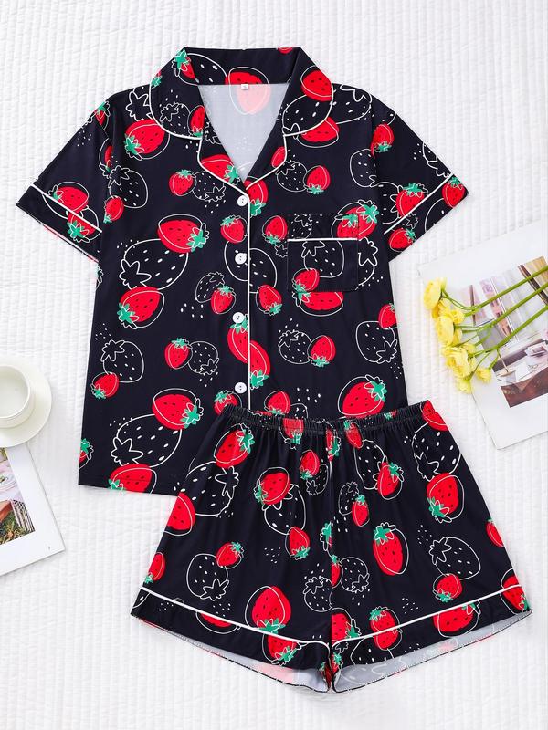 2 Piece Set Women's All Over Print Contrast Binding Pajama Set, Cute Button Front Shirt & Elastic Waist Shorts, Summer Wear 2024, Women Nightwear, Back To School Wear, Summer Lounge Set