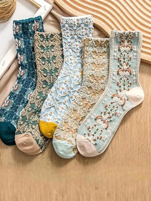 Women's Colorblock Jacquard Crew Socks, Vintage Style Comfy Socks for Daily Wear, Ladies Socks for All Seasons