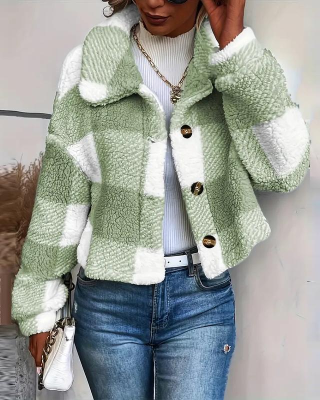 ChicMe Women's Plaid Pattern Turn-down Collar Teddy Coat Button Front Fleece Thermal Jacket Casual Comfort Outerwear Womenswear Tops Overall Fabric