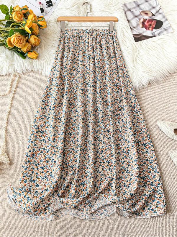 Women's Ditsy Floral Print Elastic Waist A Line Skirt, Elegant Fashion Casual Long Skirt for Daily Outdoor Wear, Women's Bottoms for All Seasons Cotton Skirt