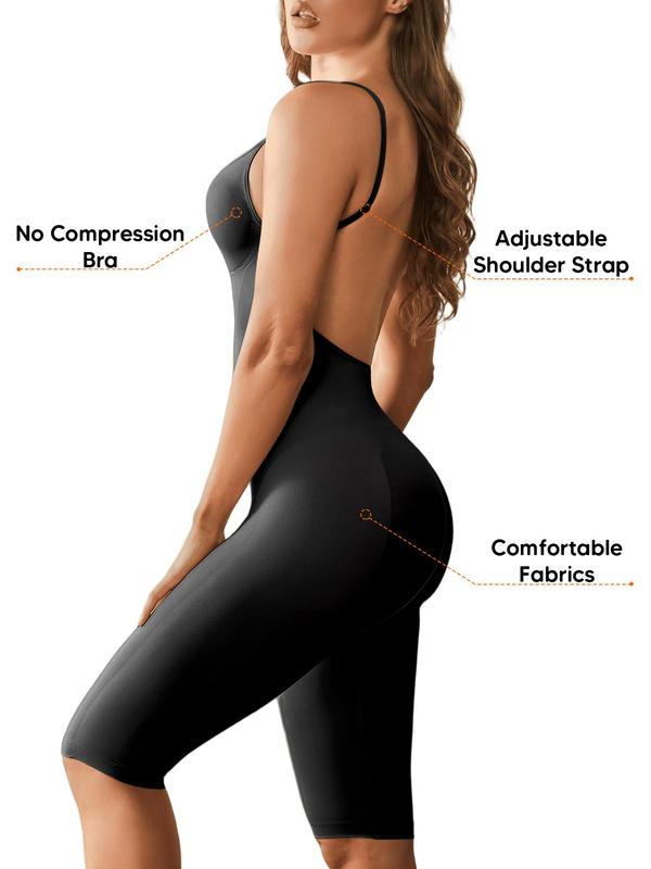 Women's Solid Backless Adjustable Strap Knee Length Shapewear Romper, Tummy Control Butt Lifting Seamless Shapewear Bodysuit, Ladies Shaper for All Seasons