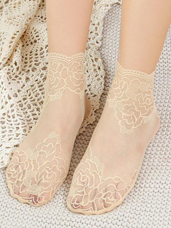 Women 5 Pairs Plain Floral Lace Scalloped Trim Crew Socks, Summer 2024 Breathable Fashion Casual Socks For Summer, Ladies Socks For Daily Wear