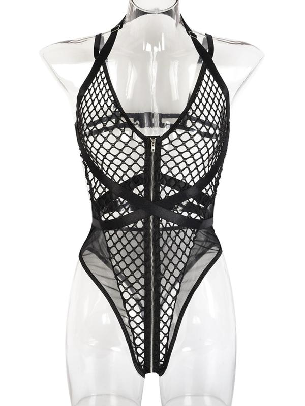 Women's Plain Criss Cross Hollow Out Zipper Sexy Lingerie Bodysuit, Sexy Adjustable Strap Fishnet Bodysuit, Women's Lingerie for All Seasons