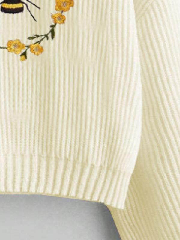 Women's Bee & Floral Embroidery Bishop Sleeve Sweater, Casual Long Sleeve High Neck Jumper for Fall & Winter,  Sweaters for Women, Fashion Ladies' Knitwear for Daily Wear