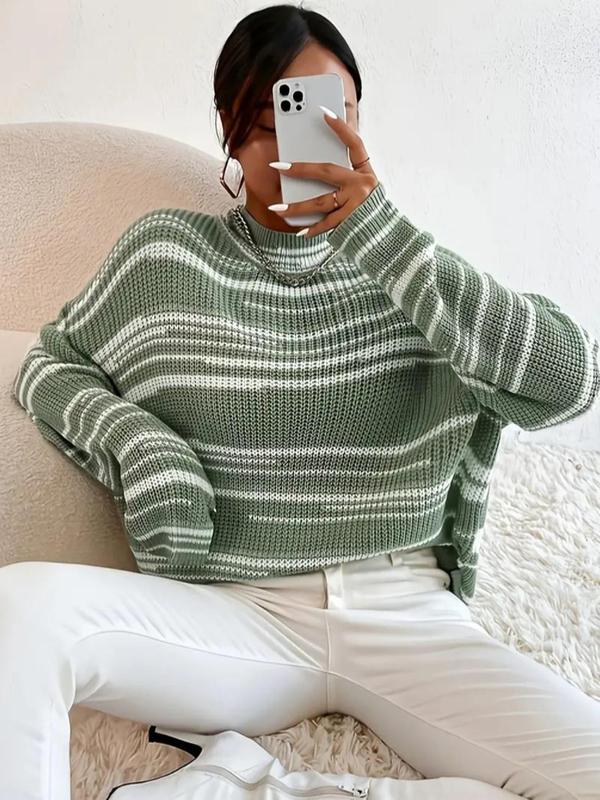 Women's Striped Print Mock Neck Sweater, Casual Fashion Drop Shoulder Long Sleeve Jumper for Fall & Winter, Ladies Knitwear for Daily Wear