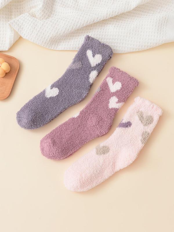 Women's Heart Print Fuzzy Socks, Cute Warm Comfy Crew Socks, Fluffy Mid-calf Socks for Fall & Winter, Cold Weather Gear, Comfort Women Floor Socks