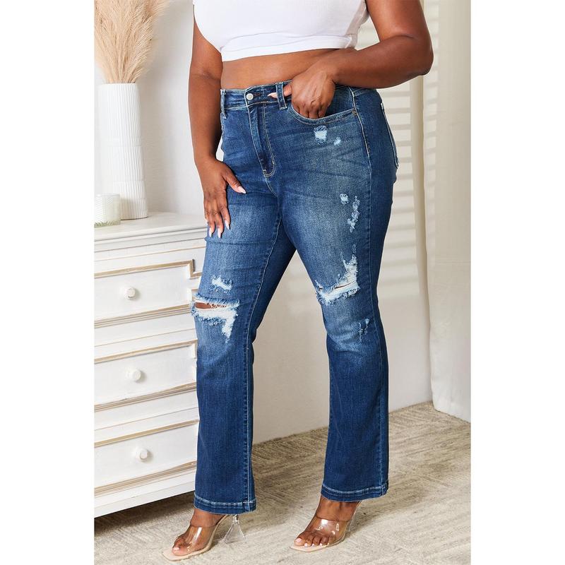 Judy Blue Full Size Mid Rise Hand Sand & Destroy Bootcut Jeans Basic Comfort judy blue Fit Spandex