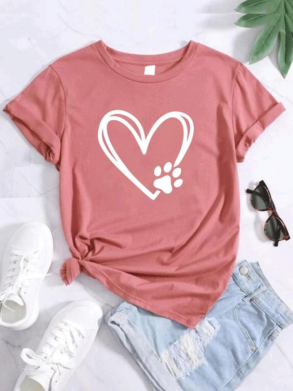 Women's Heart Print Short Sleeve T-Shirt, Summer Clothes Women, Vintage Graphic Tees, Casual Graphic Round Neck Tee for Summer, T Shirts for Women, Women's Top for Daily Wear, Womenswear