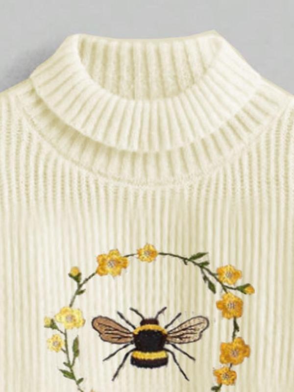 Women's Bee & Floral Embroidery Bishop Sleeve Sweater, Casual Long Sleeve High Neck Jumper for Fall & Winter,  Sweaters for Women, Fashion Ladies' Knitwear for Daily Wear