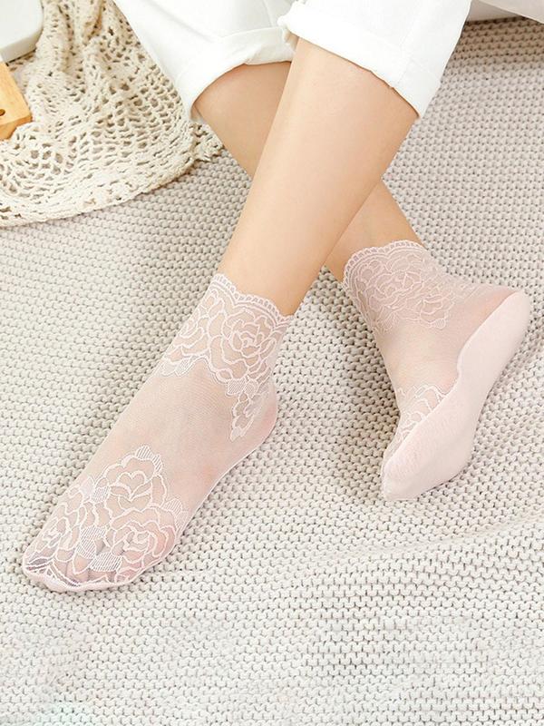 Women 5 Pairs Plain Floral Lace Scalloped Trim Crew Socks, Summer 2024 Breathable Fashion Casual Socks For Summer, Ladies Socks For Daily Wear