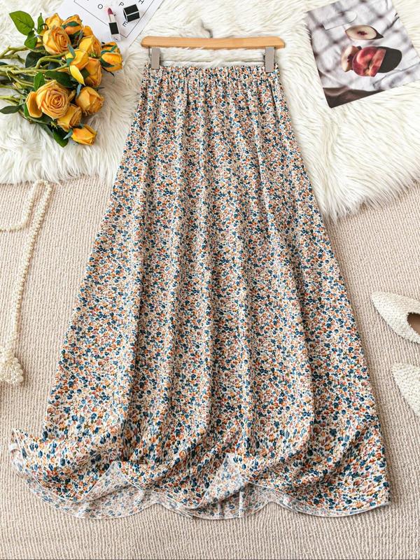 Women's Ditsy Floral Print Elastic Waist A Line Skirt, Elegant Fashion Casual Long Skirt for Daily Outdoor Wear, Women's Bottoms for All Seasons Cotton Skirt