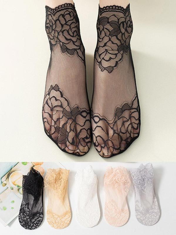 Women 5 Pairs Plain Floral Lace Scalloped Trim Crew Socks, Summer 2024 Breathable Fashion Casual Socks For Summer, Ladies Socks For Daily Wear