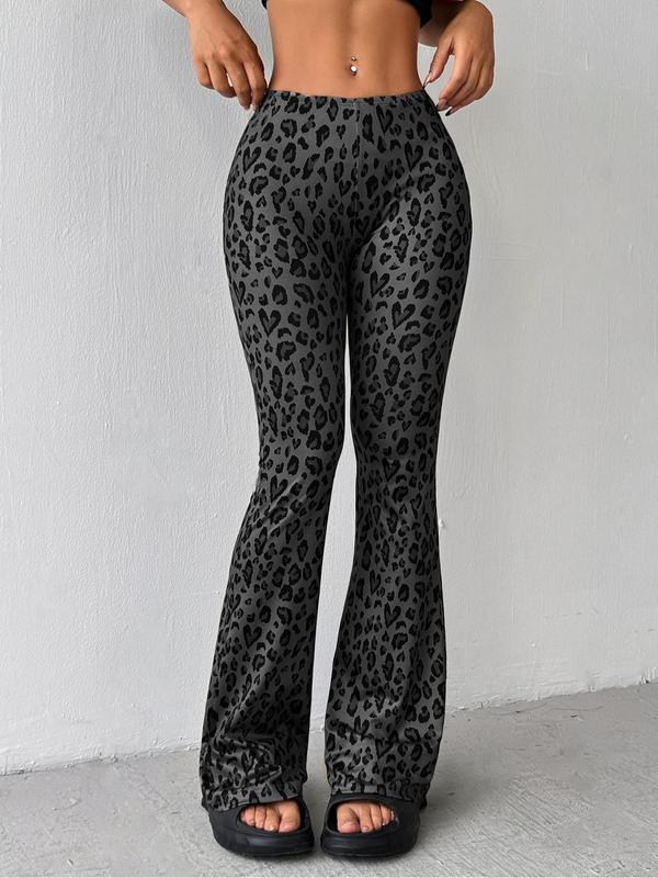 Women's Leopard Print Flare Leg Pants, Casual Comfy Elastic Waist Bell Bottom Trousers for Spring & Fall, Women's Bottoms for Daily Wear