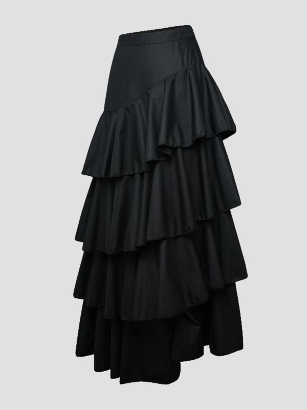 Women's Solid Ruffle Hem Tiered Layer A Line Skirt, Elegant Fashion Casual Long Skirt for Daily Outdoor Wear, Ladies Bottoms for All Seasons