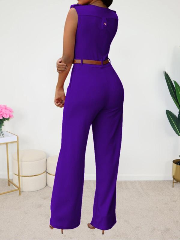 Women's Solid Belted Pocket Wide Leg Jumpsuit, Elegant Deep V Neck Sleeveless Jumpsuit for Work Office Business, Ladies Summer Clothes