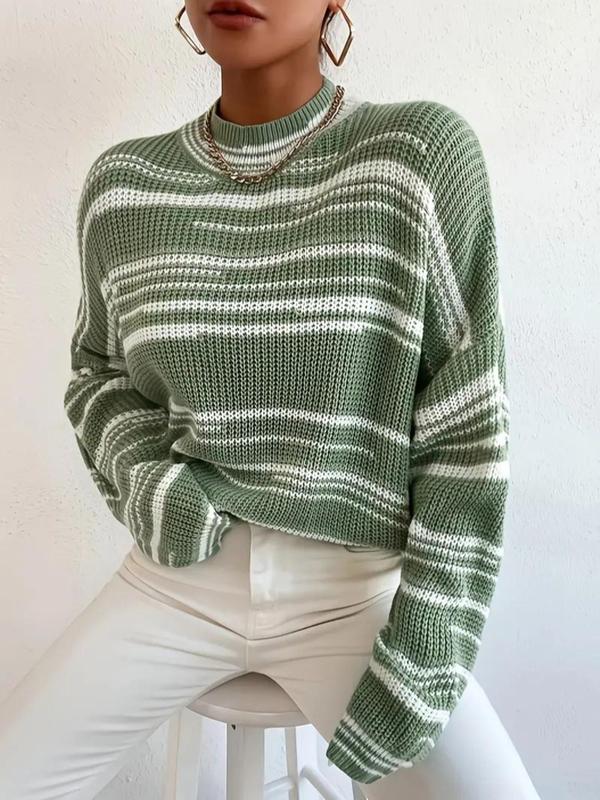 Women's Striped Print Mock Neck Sweater, Casual Fashion Drop Shoulder Long Sleeve Jumper for Fall & Winter, Ladies Knitwear for Daily Wear