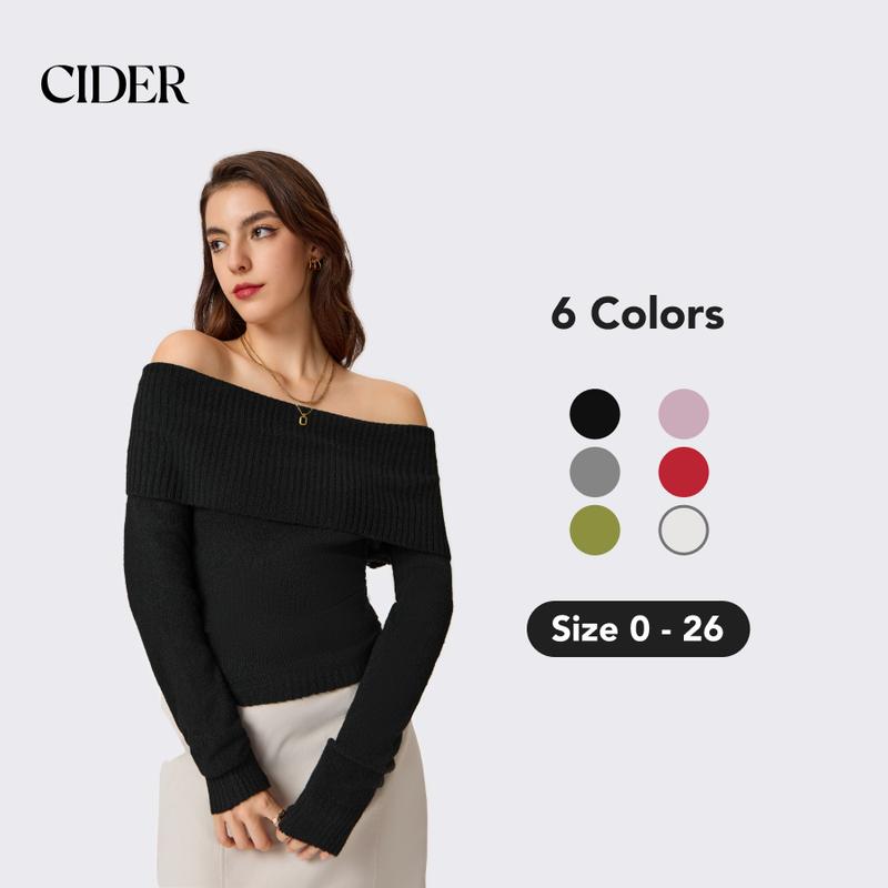 Cider [6 colors, size 0-26] Off-shoulder Knitted Long Sleeve Top