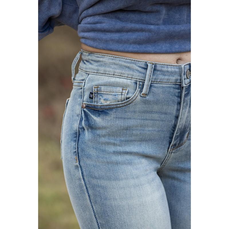 The Alison from Judy Blue: Mid-Rise Flare Denim Fabric Fit