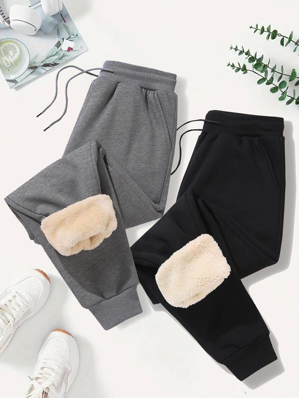 Women's Thermal Lined Solid Drawstring Waist Sweatpants, Casual Pocket Design Jogger Pants for Fall & Winter, Women's Trousers for Daily Wear