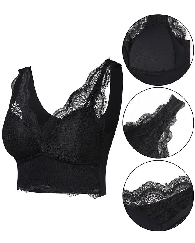 Chicme 2-Piece Lace Scallop Trim Lace Bralette V-Neck Camisoles Breathable Comfort Cotton Silk