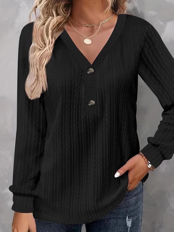  Solid Textured Button Front V Neck Tee, Casual Long Sleeve T-shirt for Fall & Winter, T Shirts for Women, Women's Clothing for Daily Wear, Fall Outfits, Fallfreshness