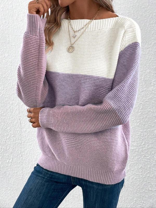 Women's Colorblock Drop Shoulder Sweater, Casual Long Sleeve Boat Neck Jumper for Fall & Winter, Fashion Ladies' Knitwear for Daily Wear