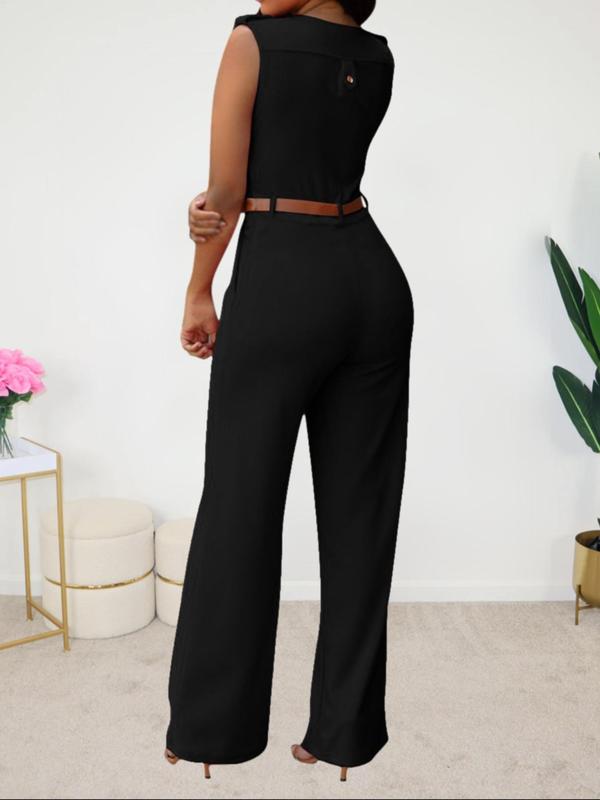 Women's Solid Belted Pocket Wide Leg Jumpsuit, Elegant Deep V Neck Sleeveless Jumpsuit for Work Office Business, Ladies Summer Clothes