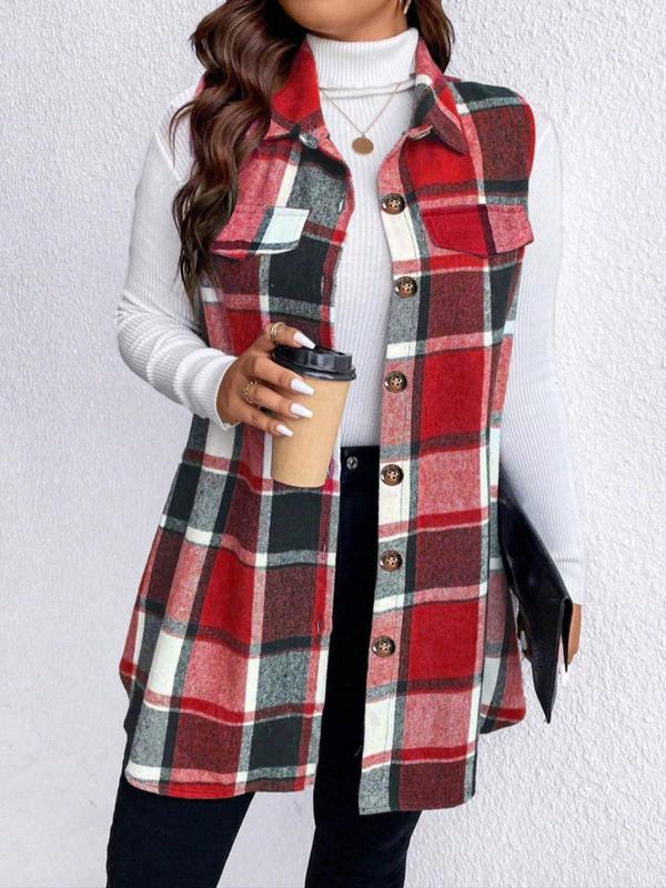 Women's Plaid Print Button Front Fake Pocket Vest Coat, Casual Sleeveless Collared Outerwear for Fall & Winter, Ladies Clothes for Daily Wear