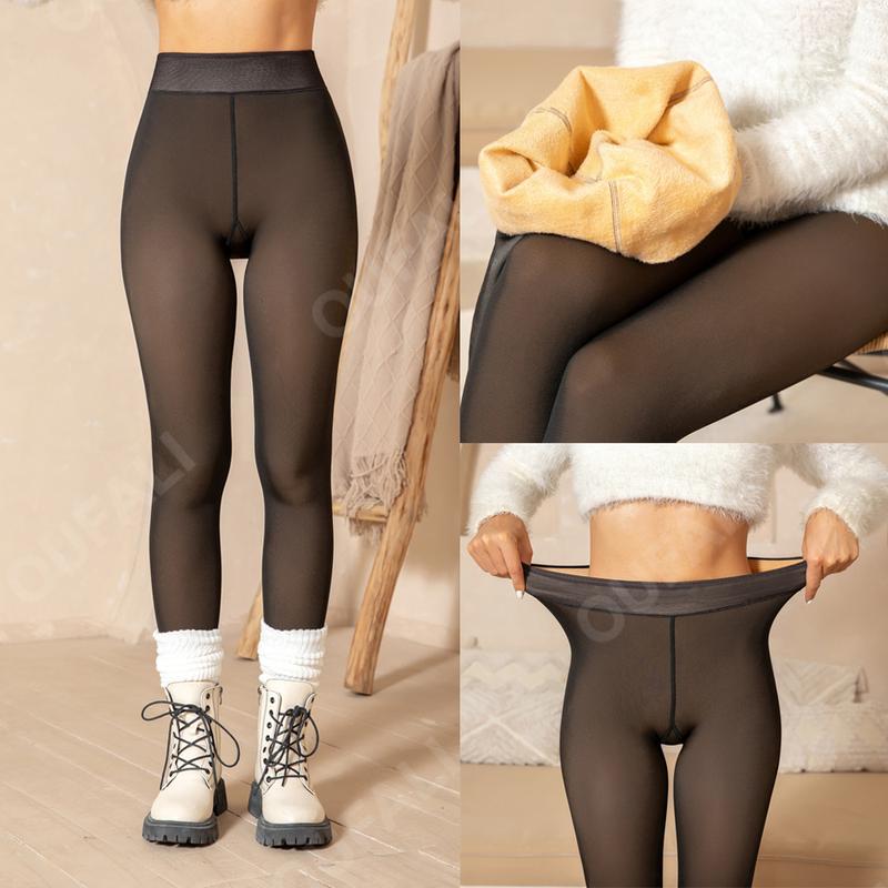 OUFALI 4 SHADES Fleece Lined Tights Women Sheer Black Fleece Pantyhose Winter Warm Thermal Fake Translucent Leggings Closed Foot