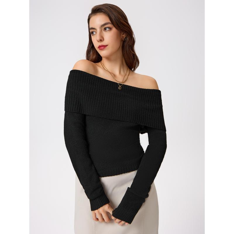 Cider [6 colors, size 0-26] Off-shoulder Knitted Long Sleeve Top