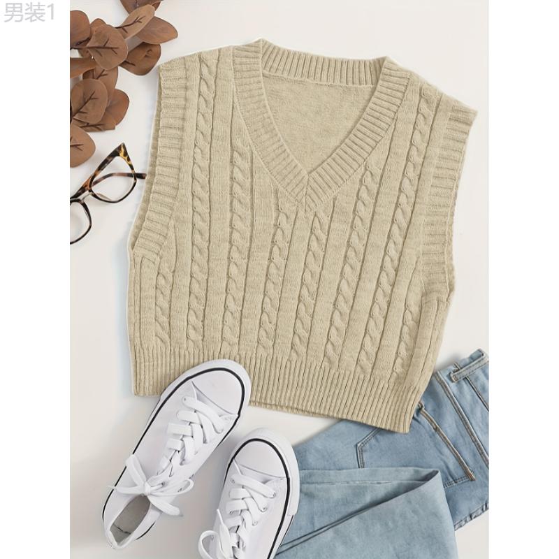 Versatile Cable Knit V Neck Sweater Vest - Women's Clothing - Cozy Solid Color Crop Sleeveless Top for Spring & Summer, Soft, Breathable, Lightweight, and Comfortable Fashion Essential Collar Fabric Collar Fabric Collar Fabric Collar Fabric Collar Fabric