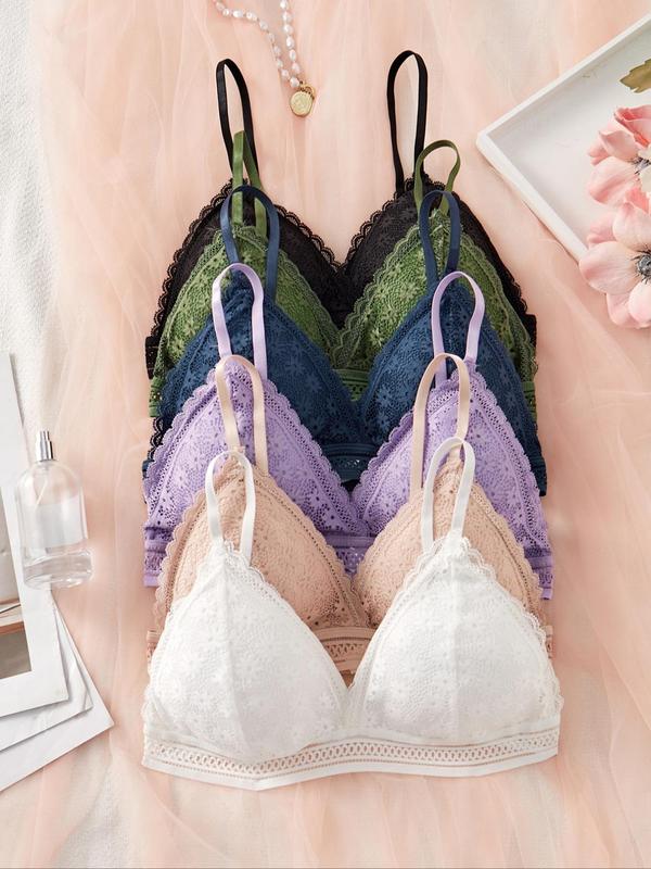 Women's Solid Color Lace Wireless Triangle Bra, Adjustable Strap Push Up Bra, Soft Comfy Breathable Lingerie for All Seasons, Womenswear Underwear