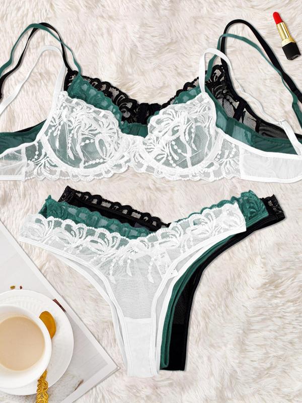 Women's Floral Embroidery Contrast Lace Sheer Bra & High Waist Thong Two-piece Set, Adjustable Strap Lingerie Set, Soft Comfy Breathable Underwear Set for Women