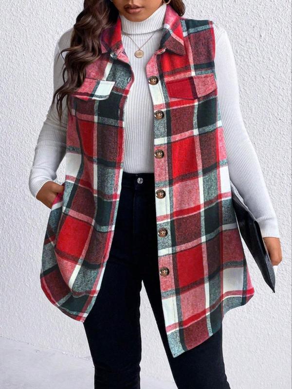 Women's Plaid Print Button Front Fake Pocket Vest Coat, Casual Sleeveless Collared Outerwear for Fall & Winter, Ladies Clothes for Daily Wear