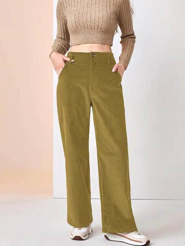 Women's Solid Corduroy Flare Leg Pants, Casual Comfy Trousers for Fall & Winter, Button Waist Design Women's Bottoms for Daily Wear