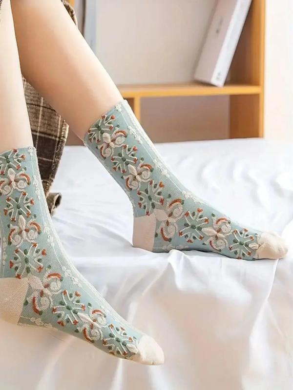 Women's Colorblock Jacquard Crew Socks, Vintage Style Comfy Socks for Daily Wear, Ladies Socks for All Seasons