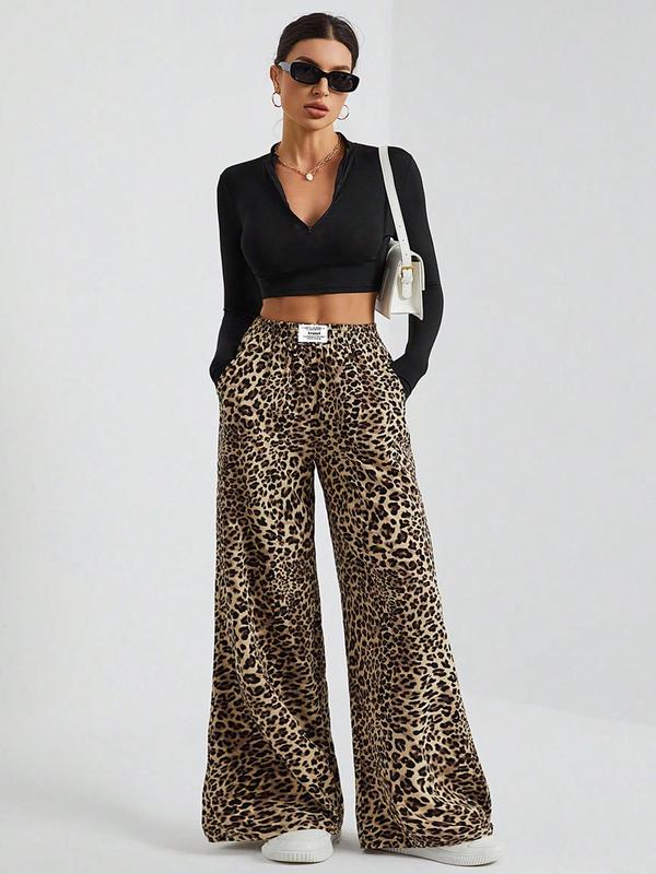 Women's Leopard Print Patched Elastic Waist Wide Leg Pants, Casual Comfy Trousers for Daily Wear, Ladies Bottoms for Fall & Winter