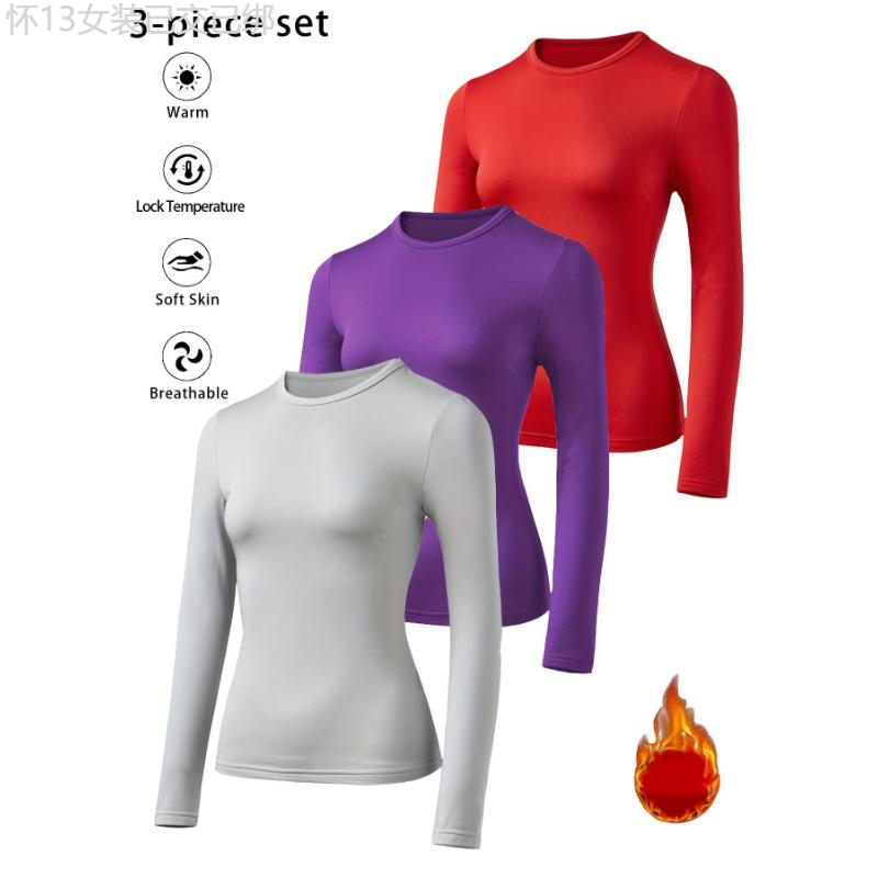 3 Piece Set - Soft, Warm, and Cozy Long Sleeve Solid Color Thermal Round Neck T-Shirts for Women - Perfect for Cold Weather, Daily Wear, and Layering Under Clothing Fabric Womenswear Collar Polyester Comfort Knit Comfort Knit Basic Crewneck Minimalist