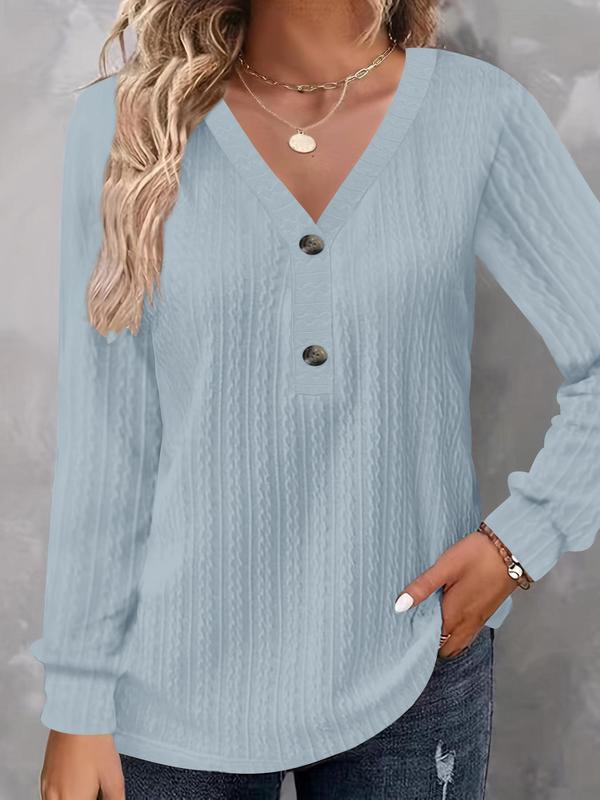  Solid Textured Button Front V Neck Tee, Casual Long Sleeve T-shirt for Fall & Winter, T Shirts for Women, Women's Clothing for Daily Wear, Fall Outfits, Fallfreshness