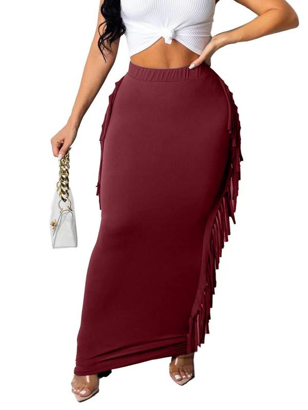 Women's Fringe Trim High Waist Pencil Skirt, Elegant Solid Color Long Skirt for Party Evening Formal Occasions, Back To School Outfits, Skirts for Women, Ladies Fall Outfits, Maxi Skirt, Back To School Clothes Girls